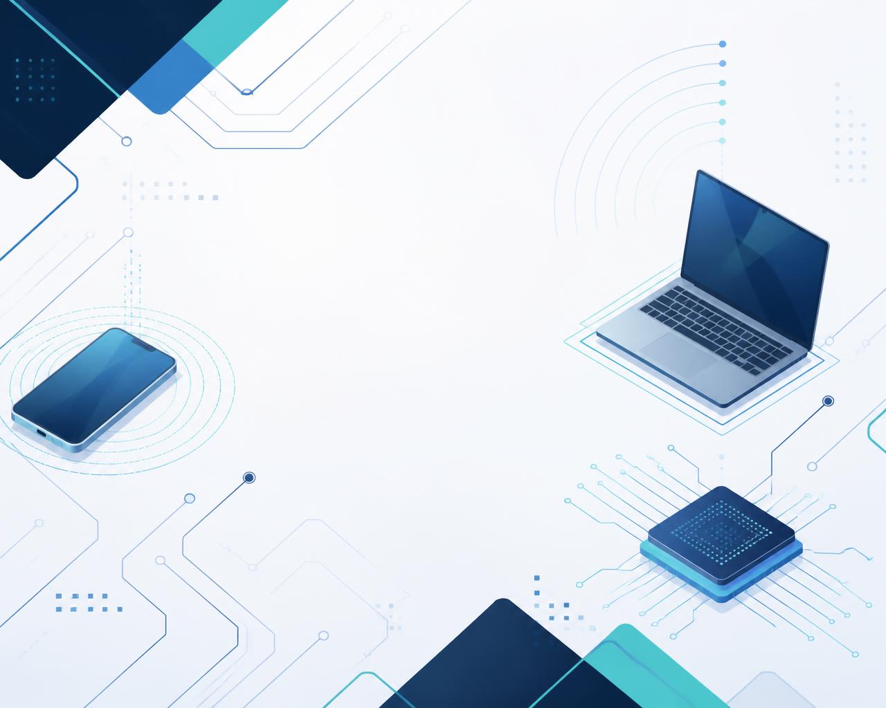 Composição gráfica com placa de circuito, ondas de comunicação e contornos de smartphone, notebook e chip eletrônico